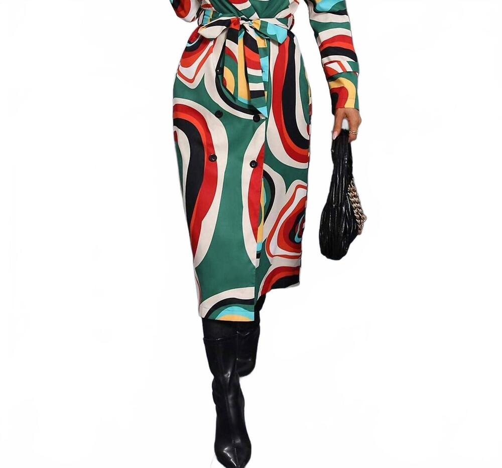 NEW FLARIX CORP allover print double breasted belted trench coat in multicolor